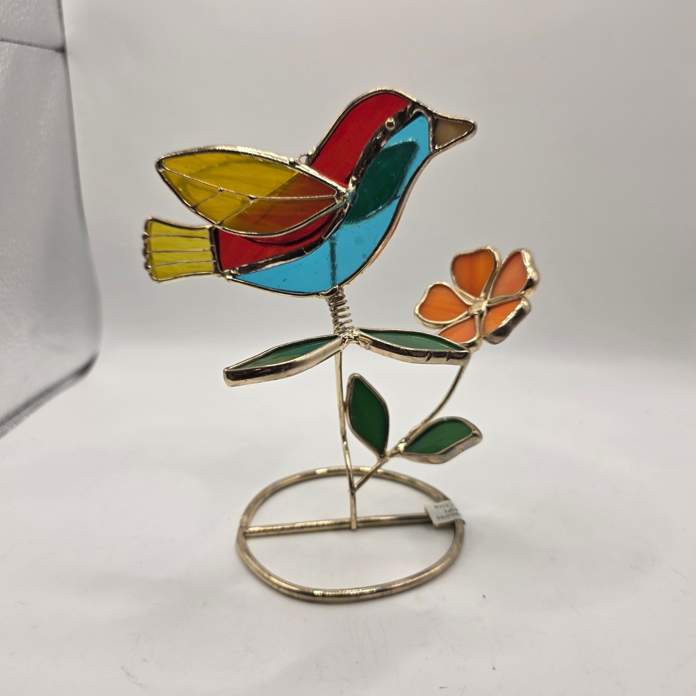 Stained Glass Bird and Flower Figurine Colorful Suncatcher Sculpture Movement
